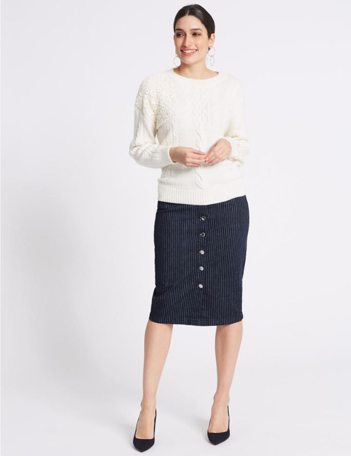Marks & Spencer Cotton Rich Striped Denim Skirt Navy Stripe