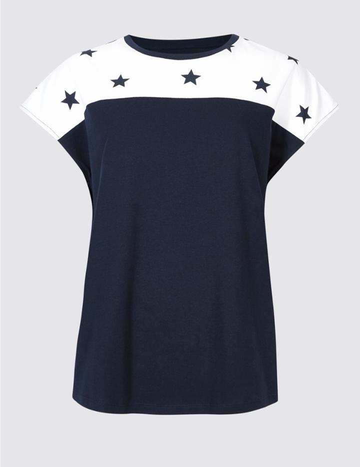 Marks & Spencer Pure Cotton Star Print Short Sleeve T-shirt Navy Mix