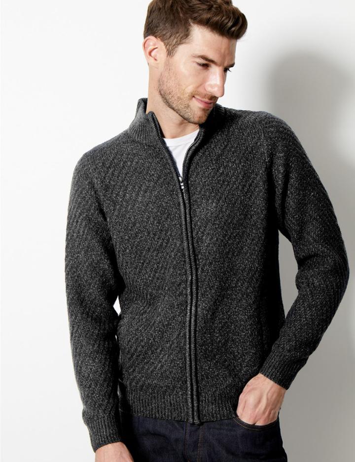 Marks & Spencer Textured Zip Through Cardigan Navy