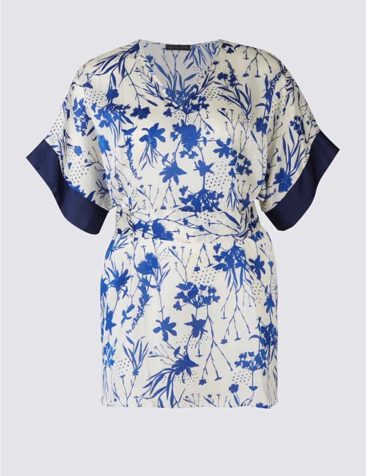 Marks & Spencer Curve Floral Print V-neck Half Sleeve Blouse Ivory Mix