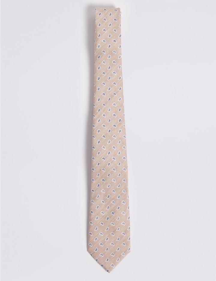 Marks & Spencer Silk Blend Paisley Foulard Tie Beige Mix
