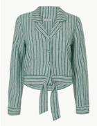 Marks & Spencer Pure Linen Striped Tie Front Shirt Green Mix