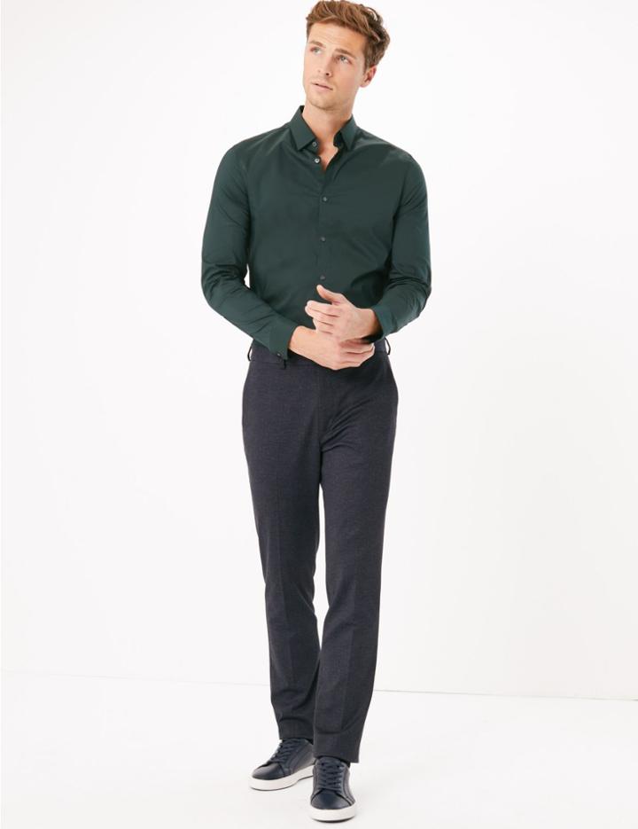 Marks & Spencer Cotton Rich Slim Fit Shirt With Stretch Petrol
