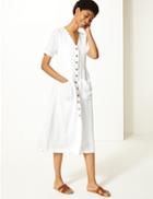 Marks & Spencer Linen Blend Button Front Waisted Midi Dress Soft White