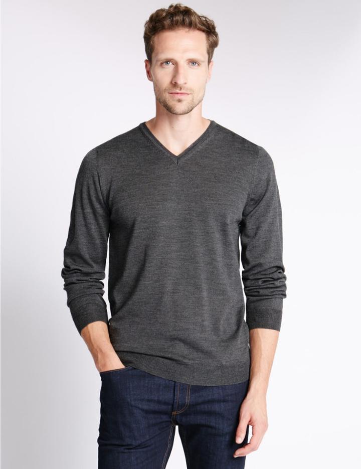 Marks & Spencer Merino Wool Rich Slim Fit Jumper With Silk Grey Marl