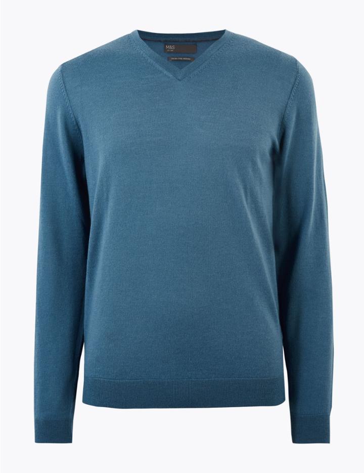 Marks & Spencer Extra Fine Merino V-neck Jumper Blue