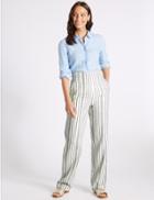 Marks & Spencer Linen Rich Striped Straight Leg Trousers Navy Mix