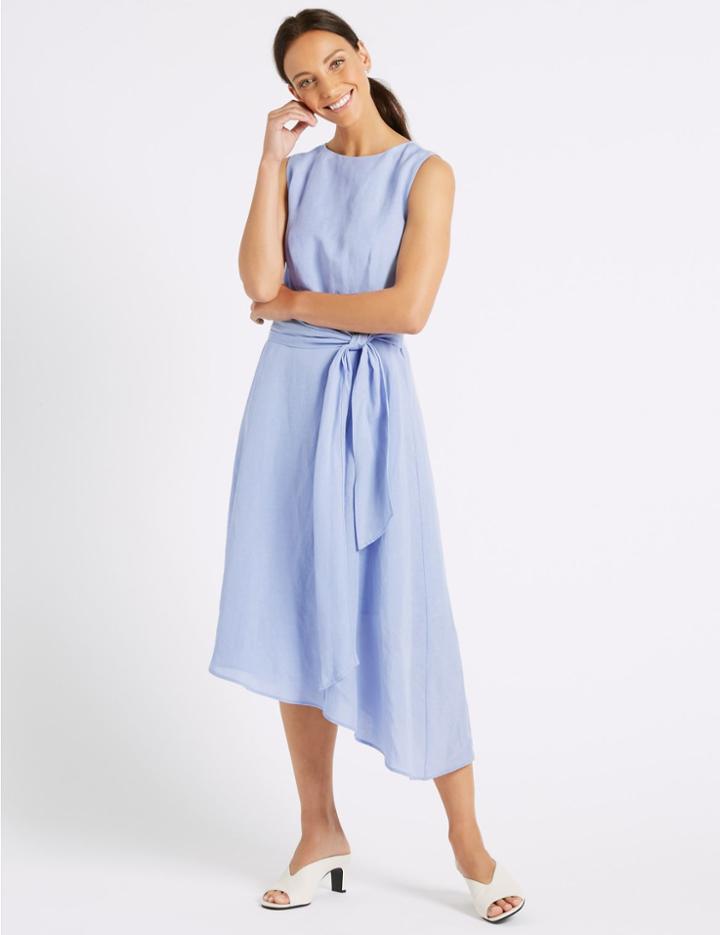 Marks & Spencer Linen Blend Tie Waist Skater Midi Dress Blue