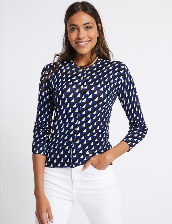 Marks & Spencer Geometric Print Round Neck Cardigan Blue Mix
