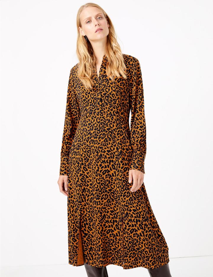 Marks & Spencer Animal Print Shirt Midi Dress Gold Mix