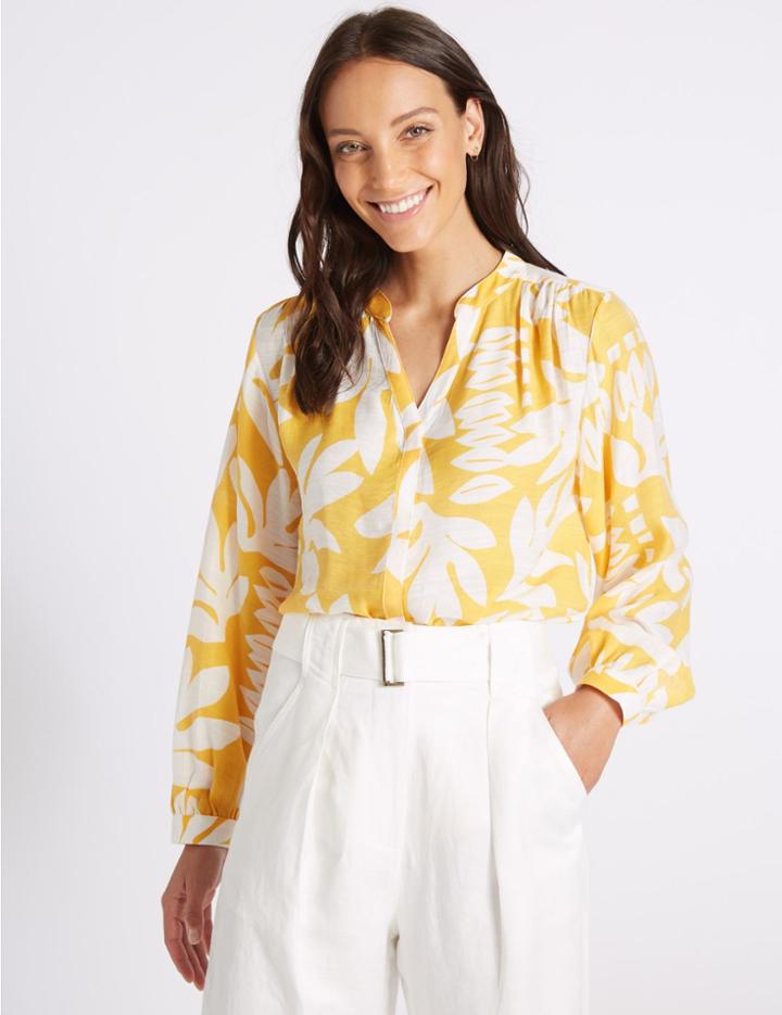 Marks & Spencer Printed Notch Neck Long Sleeve Blouse Yellow Mix