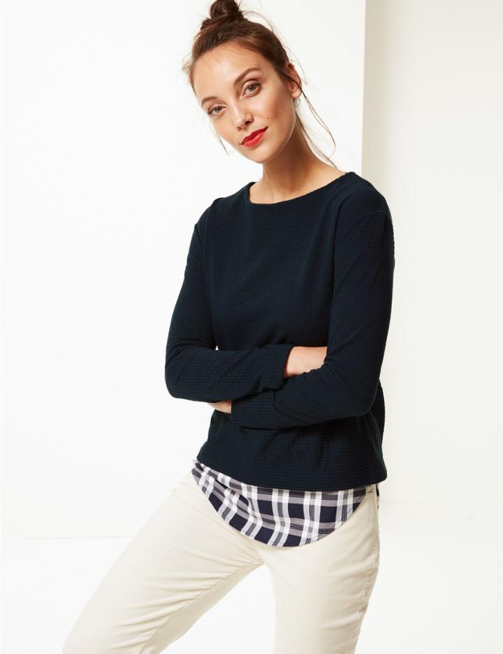 Marks & Spencer Textured Satin Round Neck Long Sleeve Tops Navy