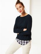 Marks & Spencer Textured Satin Round Neck Long Sleeve Tops Navy