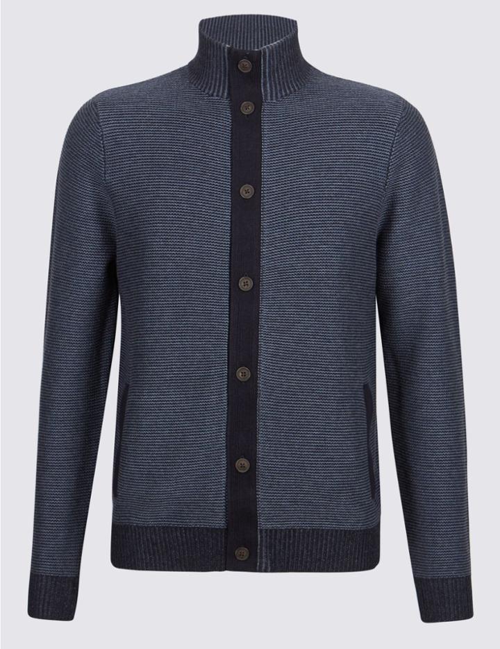 Marks & Spencer Pure Cotton Striped Cardigan Mid Blue