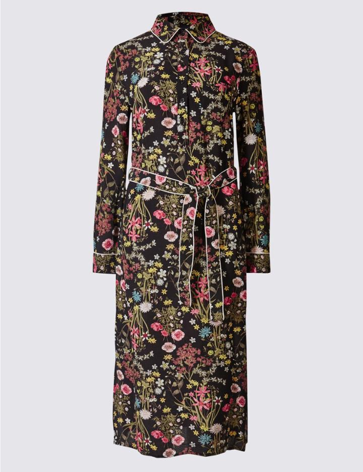 Marks & Spencer Petite Floral Print Long Sleeve Shirt Dress Black Mix