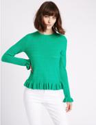 Marks & Spencer Cotton Blend Ruffle Hem Round Neck Jumper Green