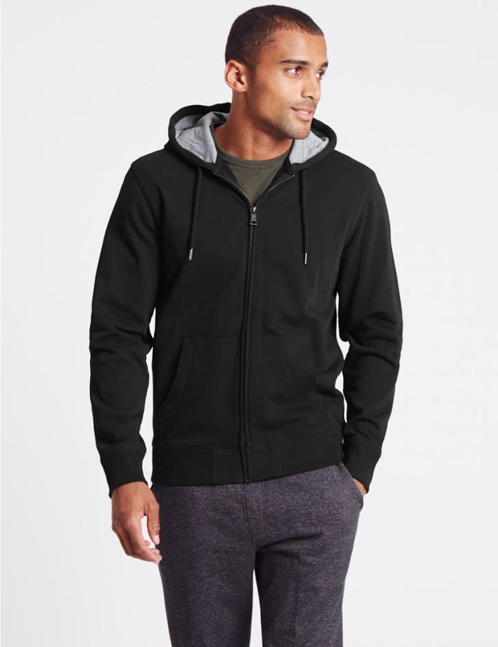 Marks & Spencer Cotton Rich Regular Fit Zip Through Hoody Black