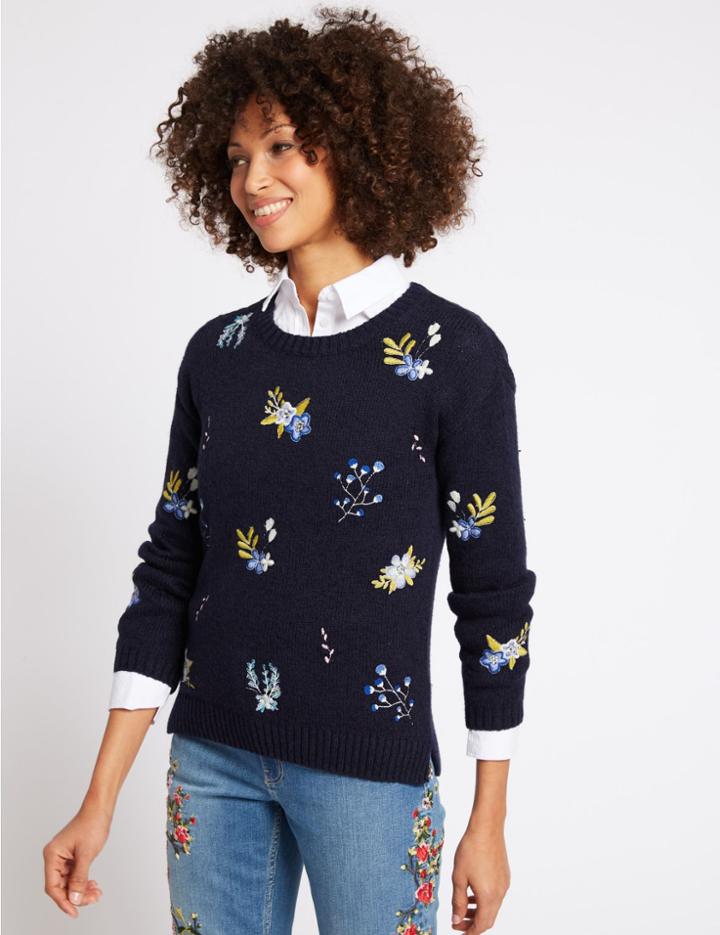 Marks & Spencer Cotton Rich Embroidered Round Neck Jumper Navy Mix