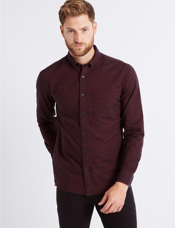 Marks & Spencer Pure Cotton Slim Fit Oxford Shirt With Pocket Aubergine