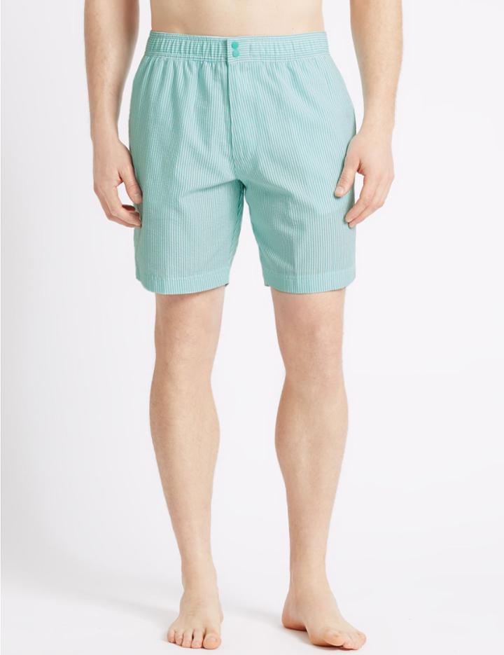 Marks & Spencer Quick Dry Cotton Blend Striped Swim Shorts Green Mix