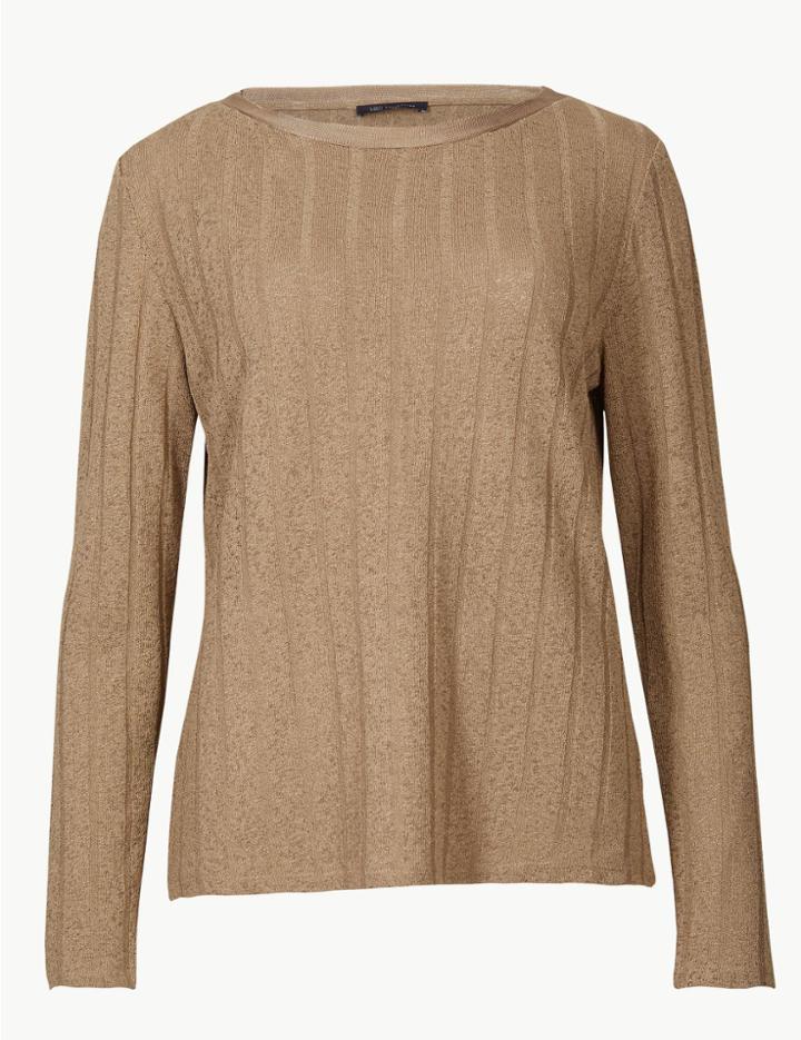 Marks & Spencer Textured Rib Round Neck Long Sleeve T-shirt Light Buff
