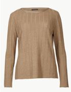 Marks & Spencer Textured Rib Round Neck Long Sleeve T-shirt Light Buff
