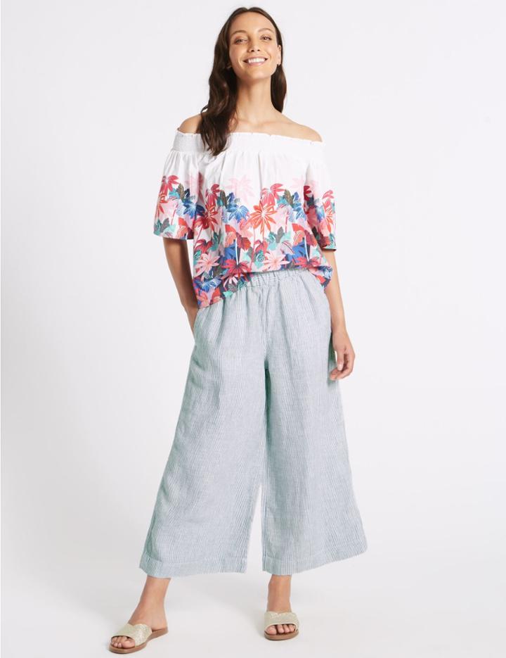 Marks & Spencer Pure Linen Wide Leg Cropped Flared Trousers Grey Mix