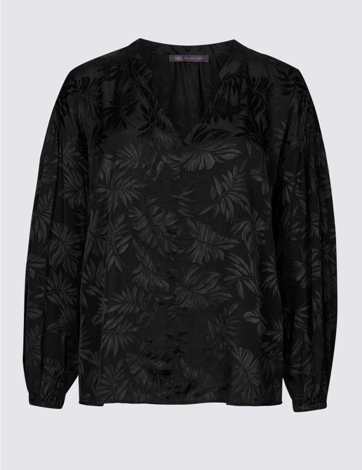 Marks & Spencer Petite Palm Print Long Sleeve Blouse Black