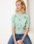 Marks & Spencer Cashmilon&trade; Floral Print Round Neck Jumper Mint