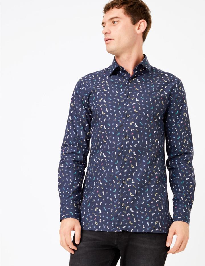Marks & Spencer Tailored Fit Butterfly Print Easy Iron Shirt Navy Mix