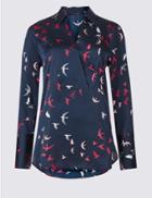 Marks & Spencer Bird Print Notch Neck Long Sleeve Blouse Navy Mix