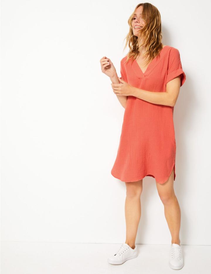 Marks & Spencer Pure Cotton Textured Relaxed Midi Dress Dusty Apricot