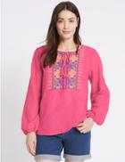 Marks & Spencer Linen Rich Printed Long Sleeve Blouse Magenta Mix