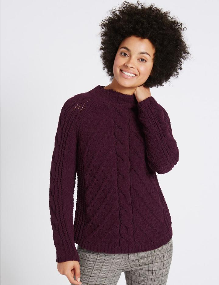 Marks & Spencer Chenille Cable Funnel Neck Jumper Dark Grape