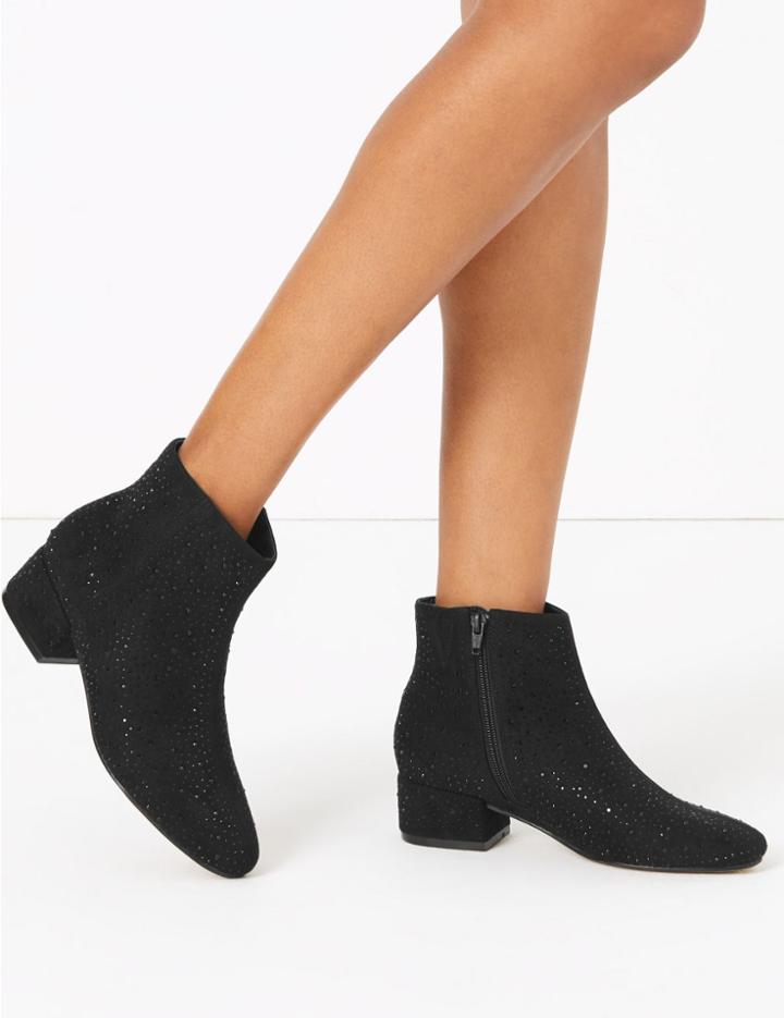 Marks & Spencer Embellished Low Block Heel Ankle Boots Black Mix