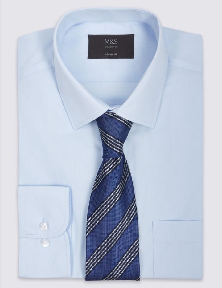 Marks & Spencer Cotton Blend Easy To Iron Regular Fit Shirt Blue Mix