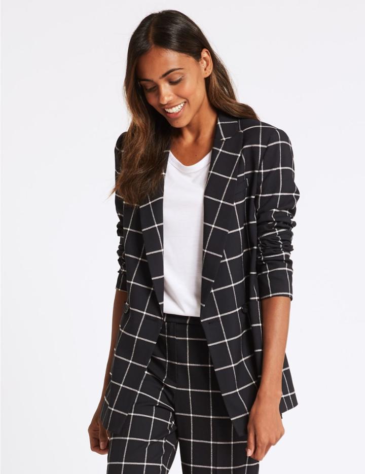 Marks & Spencer Longline Checked Blazer Navy Mix