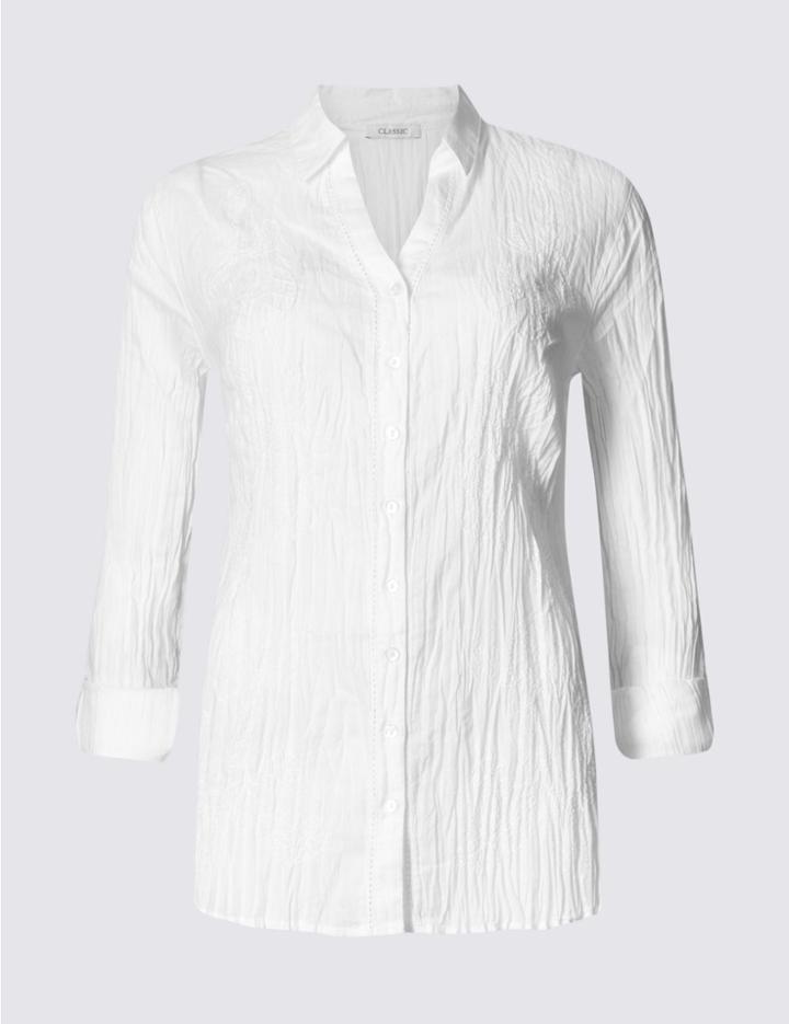 Marks & Spencer Pure Cotton Crinkle 3/4 Sleeve Shirt White
