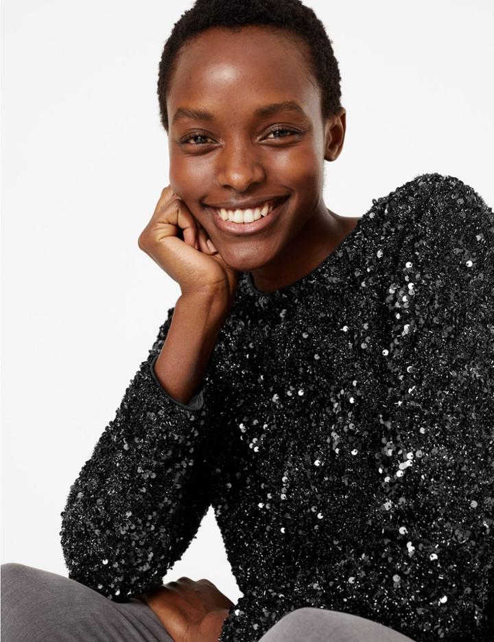 Marks & Spencer Sequin Long Sleeve Top Black