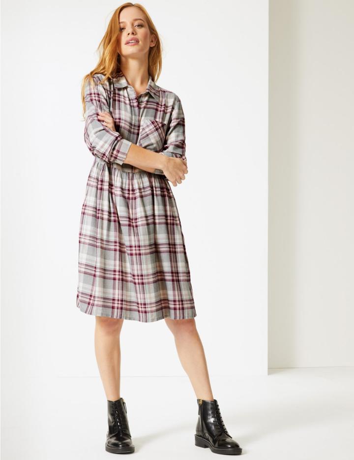 Marks & Spencer Petite Checked Long Sleeve Drop Waist Dress Natural Mix