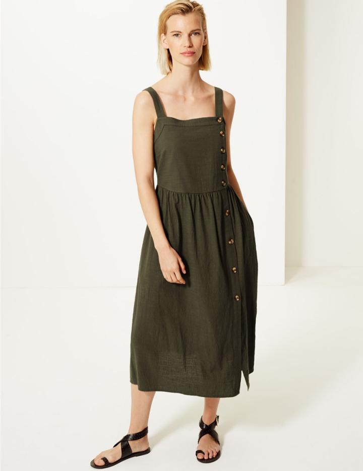 Marks & Spencer Pure Cotton Midi Waisted Dress Hunter Green