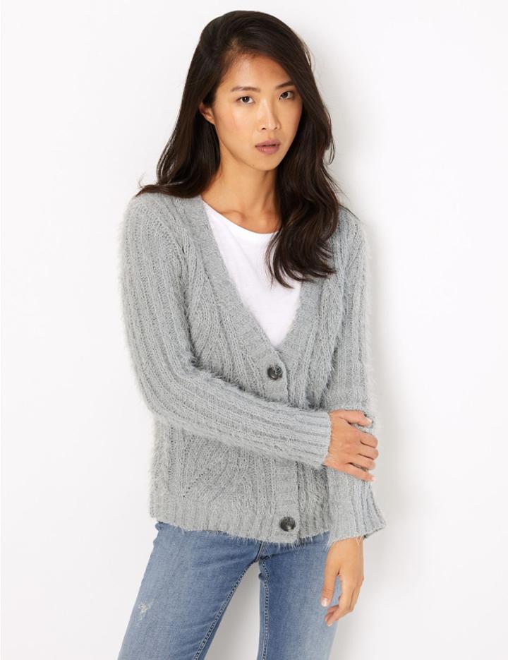 Marks & Spencer Chenille Cable Knit V-neck Cardigan Grey Marl