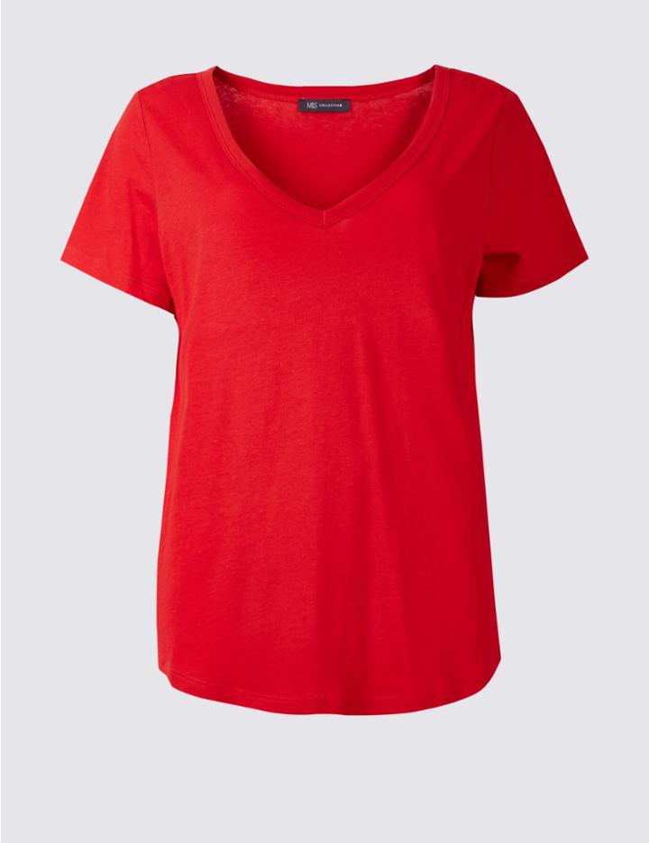 Marks & Spencer Pure Cotton V-neck Short Sleeve T-shirt Bright Red
