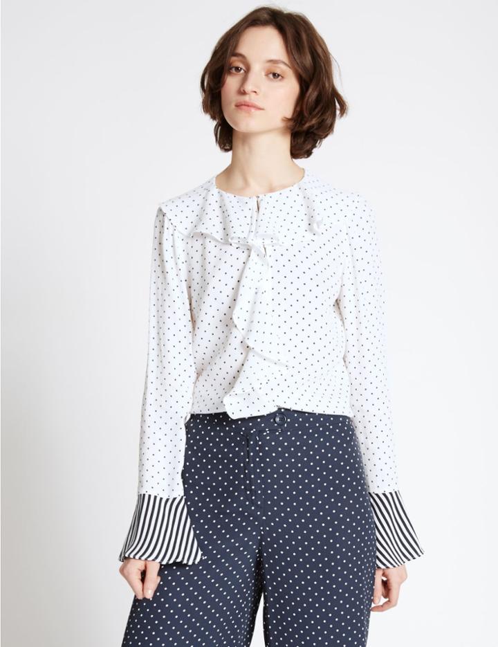 Marks & Spencer Spotted Round Neck Long Sleeve Blouse Ivory Mix