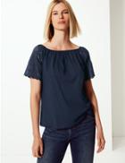 Marks & Spencer Pure Cotton Embroidered Regular Bardot Top Navy