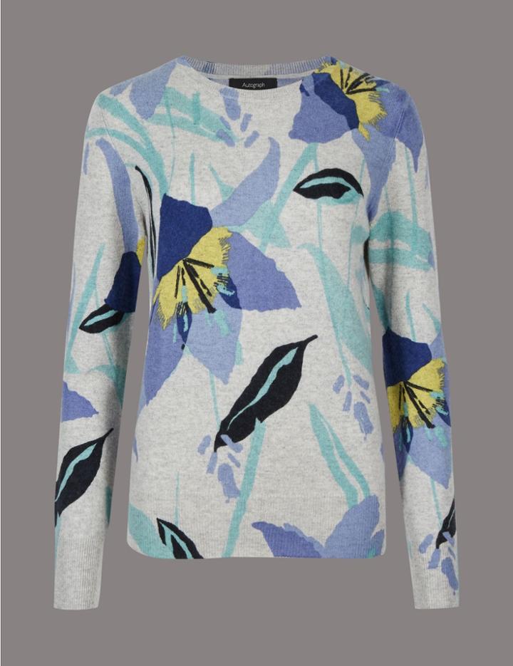 Marks & Spencer Pure Cashmere Floral Print Jumper Bluebell Mix
