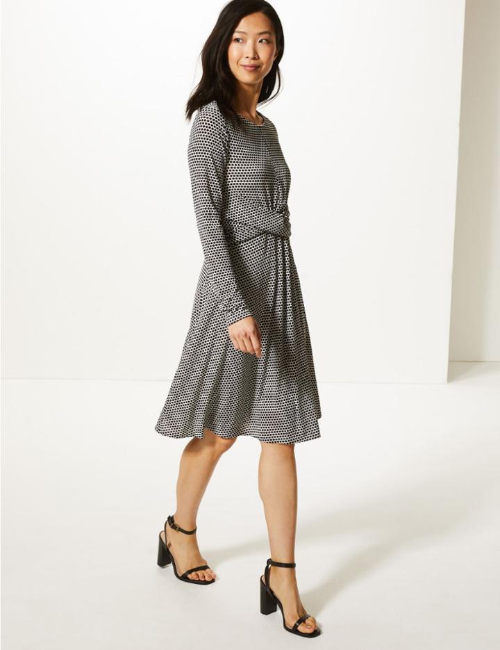 Marks & Spencer Polka Dot Jersey Drape Front Waisted Dress Black Mix