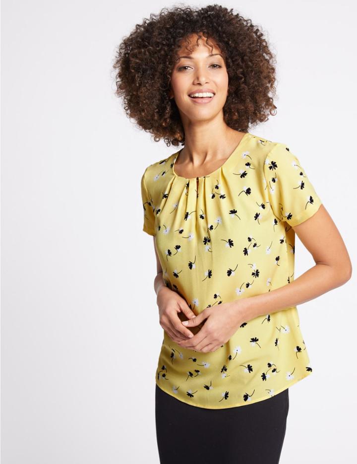 Marks & Spencer Floral Print Pleated Short Sleeve Shell Top Lime Mix
