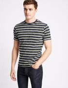 Marks & Spencer Cotton Rich Striped Crew Neck T-shirt Medium Green