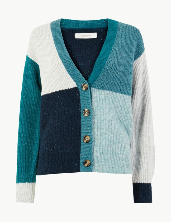Marks & Spencer Patchwork V-neck Cardigan Blue Mix